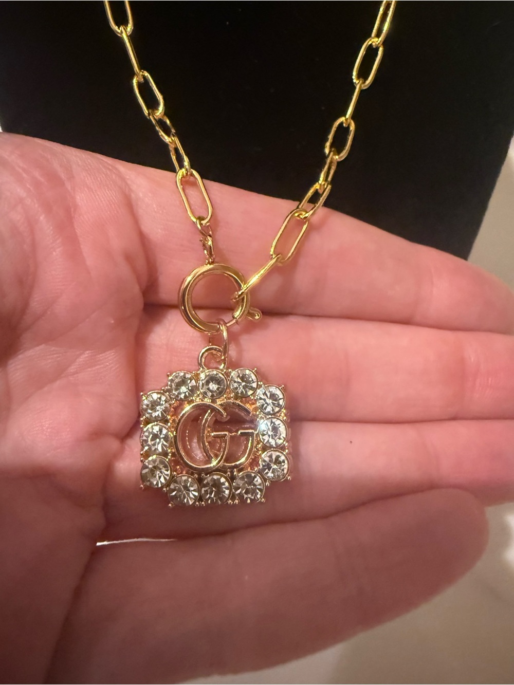 Upcycled Gucci Gold Crystal GG Charm Pendant Necklace - Picture 5 of 12